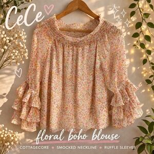 CeCe Floral Smocked Peasant Blouse Women's Small Sheer Ruffle Sleeve Boho Cottag